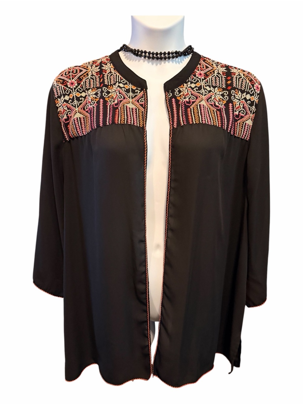 Catherines Black Open-Front Jacket with Multicolor Embroidered Yoke
